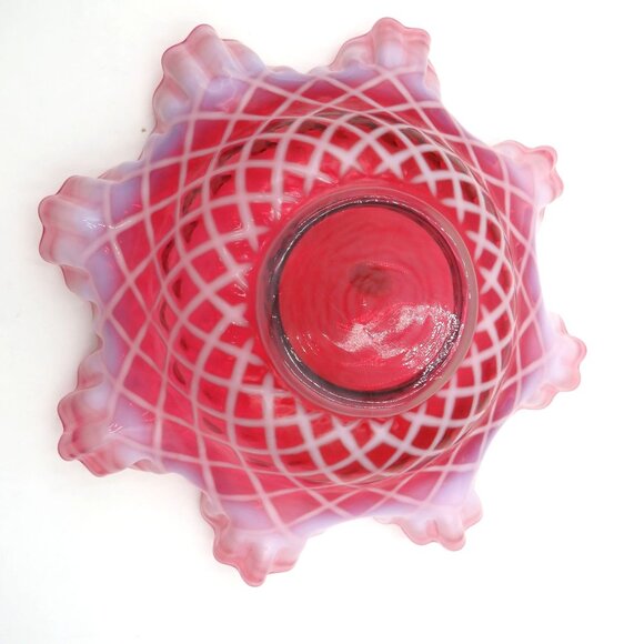 Fenton Bowl Cranberry Pink Opalescent Diamond Ruffled Glass 9" Handcrafted USA - Picture 6 of 9